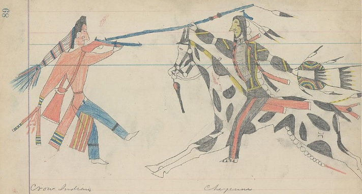 Ledger drawing of a mounted Cheyenne warrior counting coup with lance on a dismounted Crow warrior, 1880s.